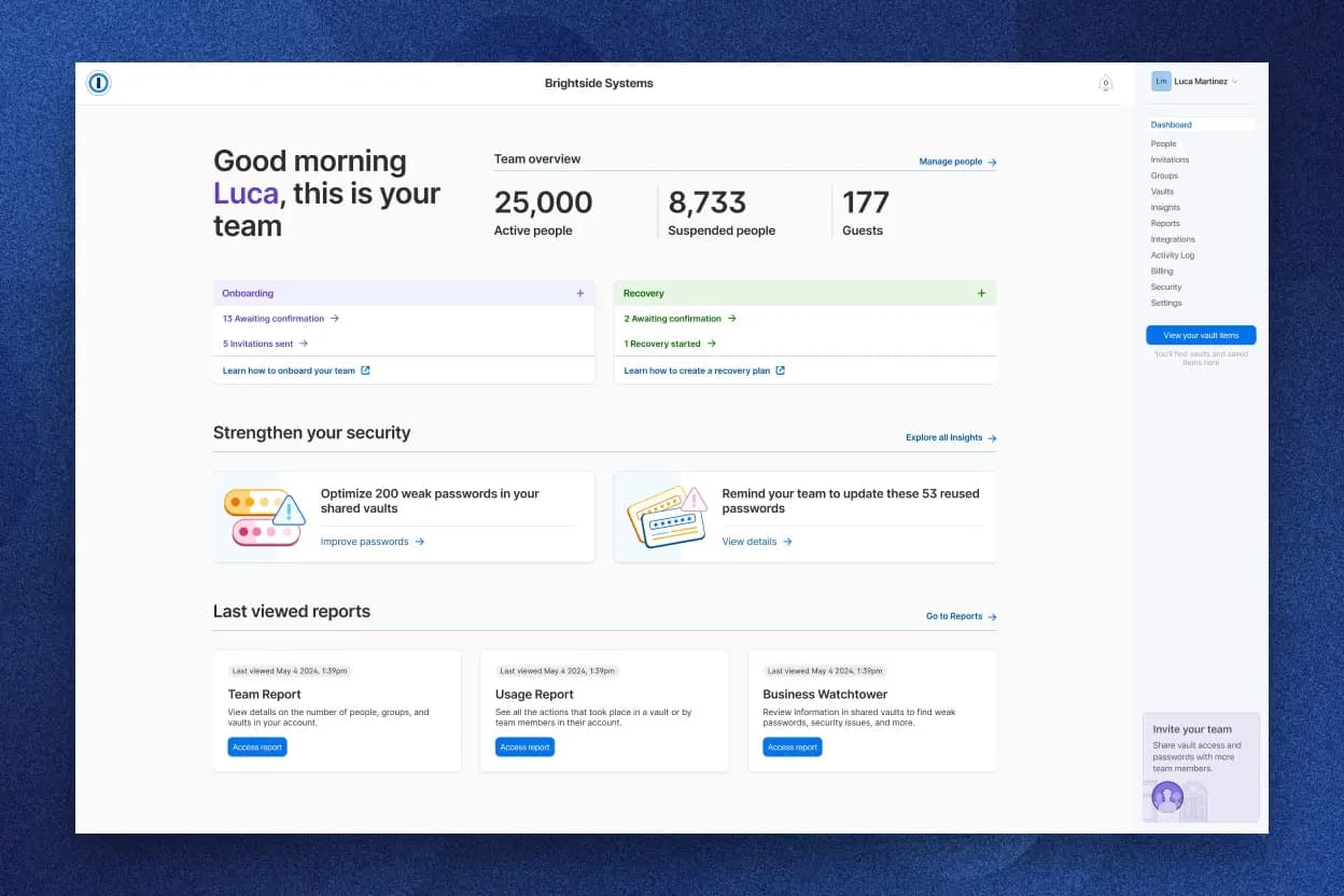 1Password business dashboard showing team overview, onboarding, recovery, security insights, and recent reports for Brightside Systems.