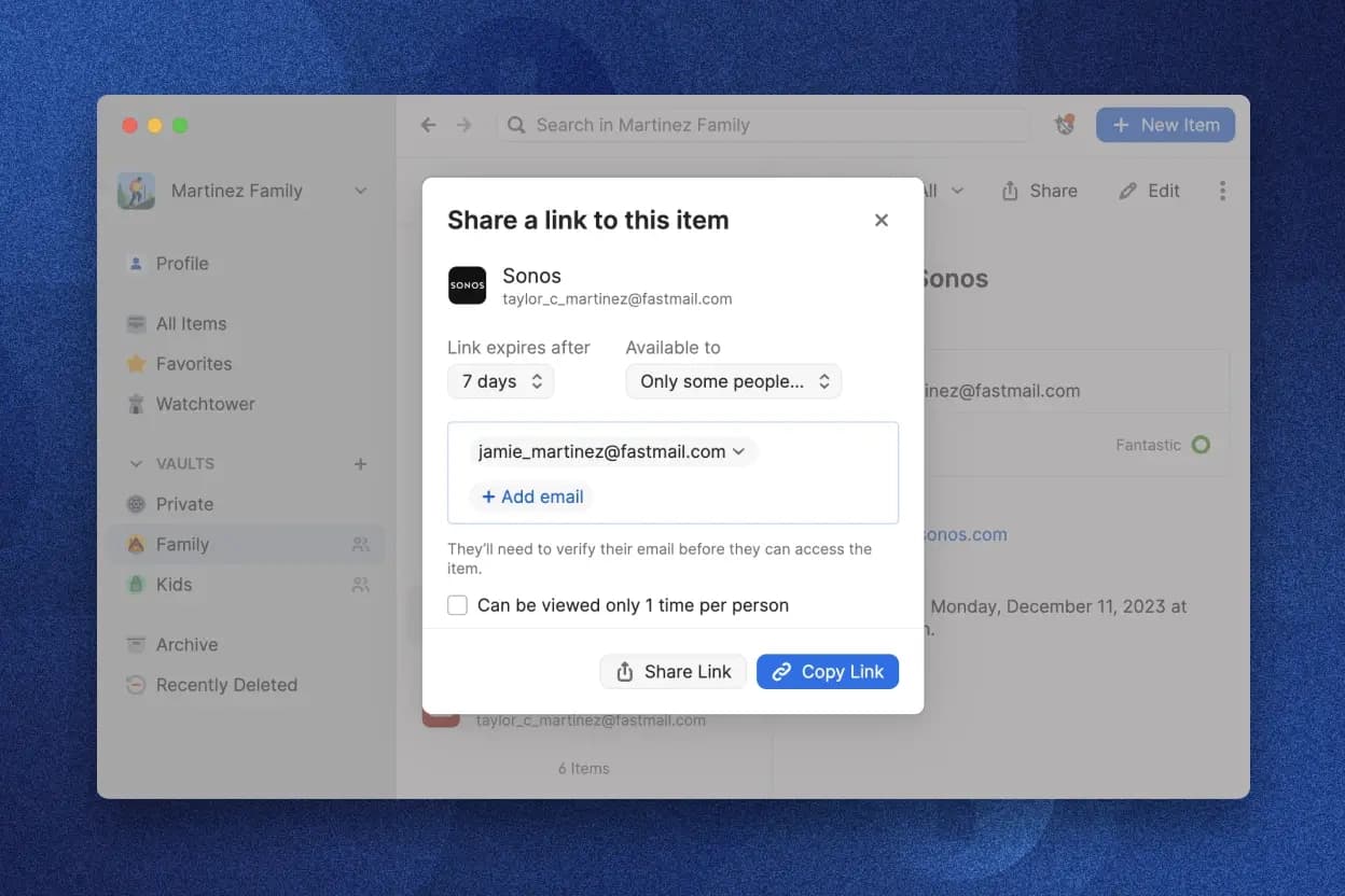 1Password interface for sharing a secure link to an item with configurable access duration and recipient email addresses.