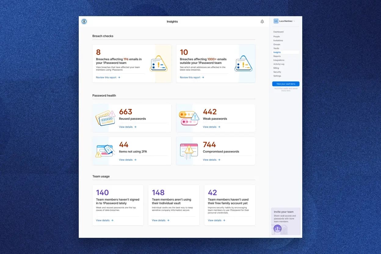 1Password insights dashboard displaying breach checks, password health, and team usage statistics with detailed security reports.