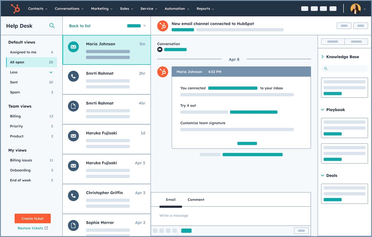 HubSpot Help Desk interface showing conversations and ticket views with customer interactions.