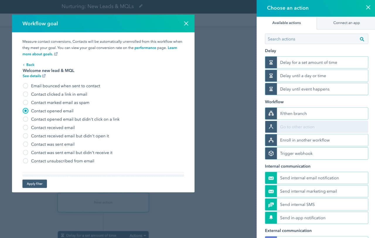 HubSpot workflow goal settings, allowing users to filter actions based on email contact interactions.