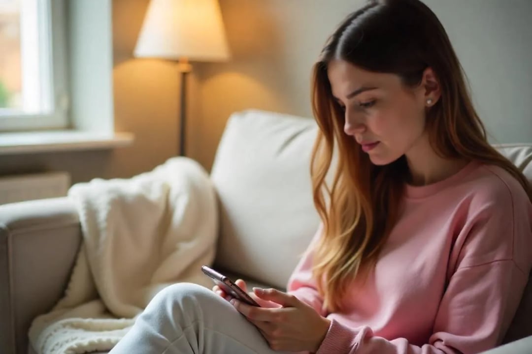 Woman sitting on a couch in a cozy indoor setting, focused on using her smartphone, with a blanket and lamp in the background.