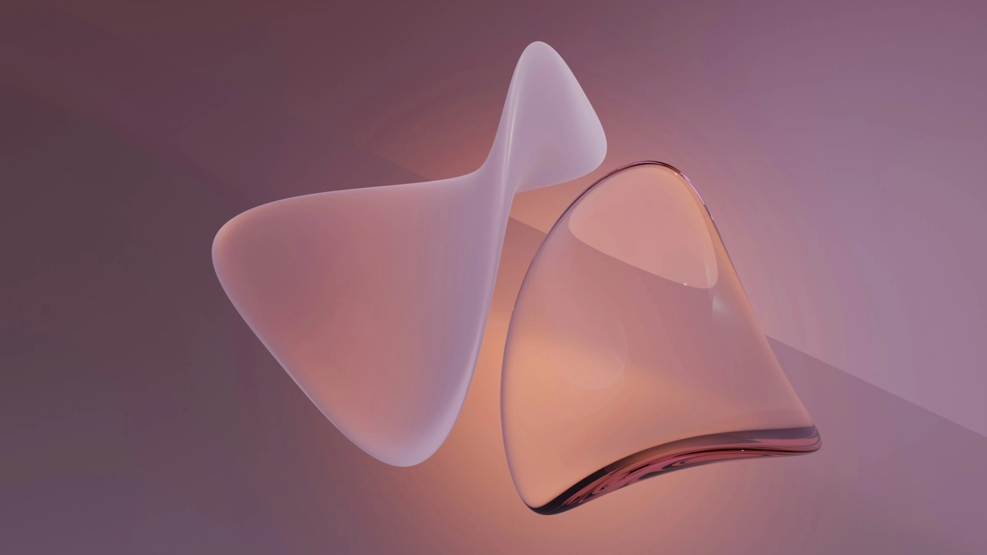 Abstract 3D glass-like shapes in soft pink and purple tones on a gradient background
