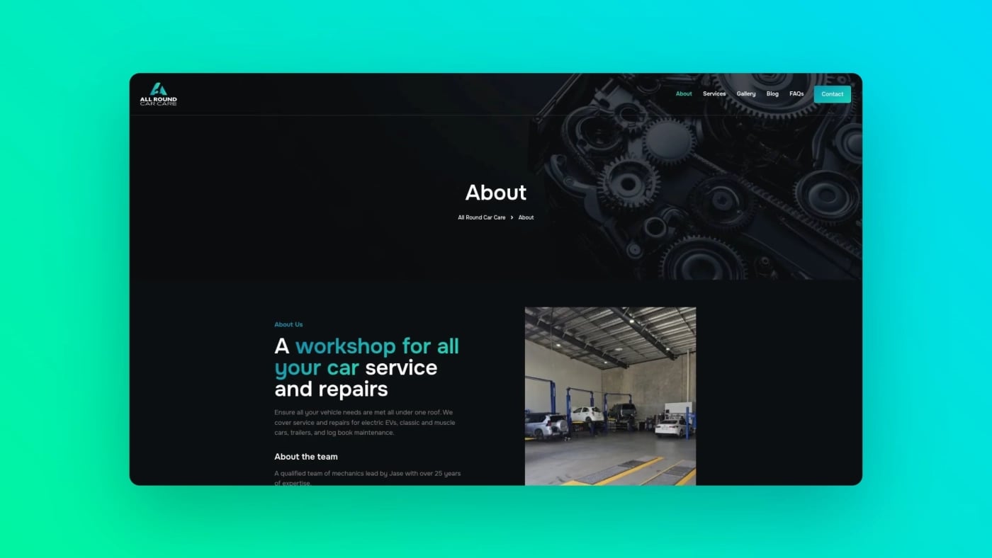 Screenshot of the All Round Car Care About page showcasing the workshop interior and overview of the team’s experience and services.