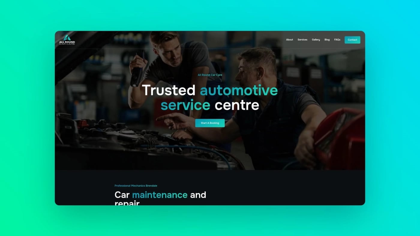 Website homepage of All Round Car Care featuring two mechanics working under a car bonnet with the headline “Trusted automotive service centre.”