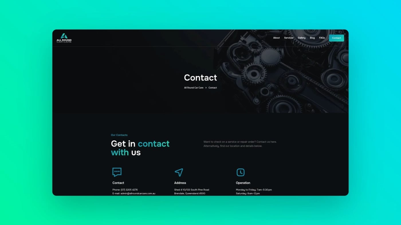 Contact page of All Round Car Care with business details, operating hours, address, and contact form for enquiries.