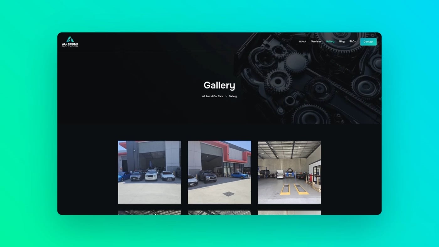 Gallery page of All Round Car Care displaying images of the Brendale workshop exterior, interior, and vehicle service bays.