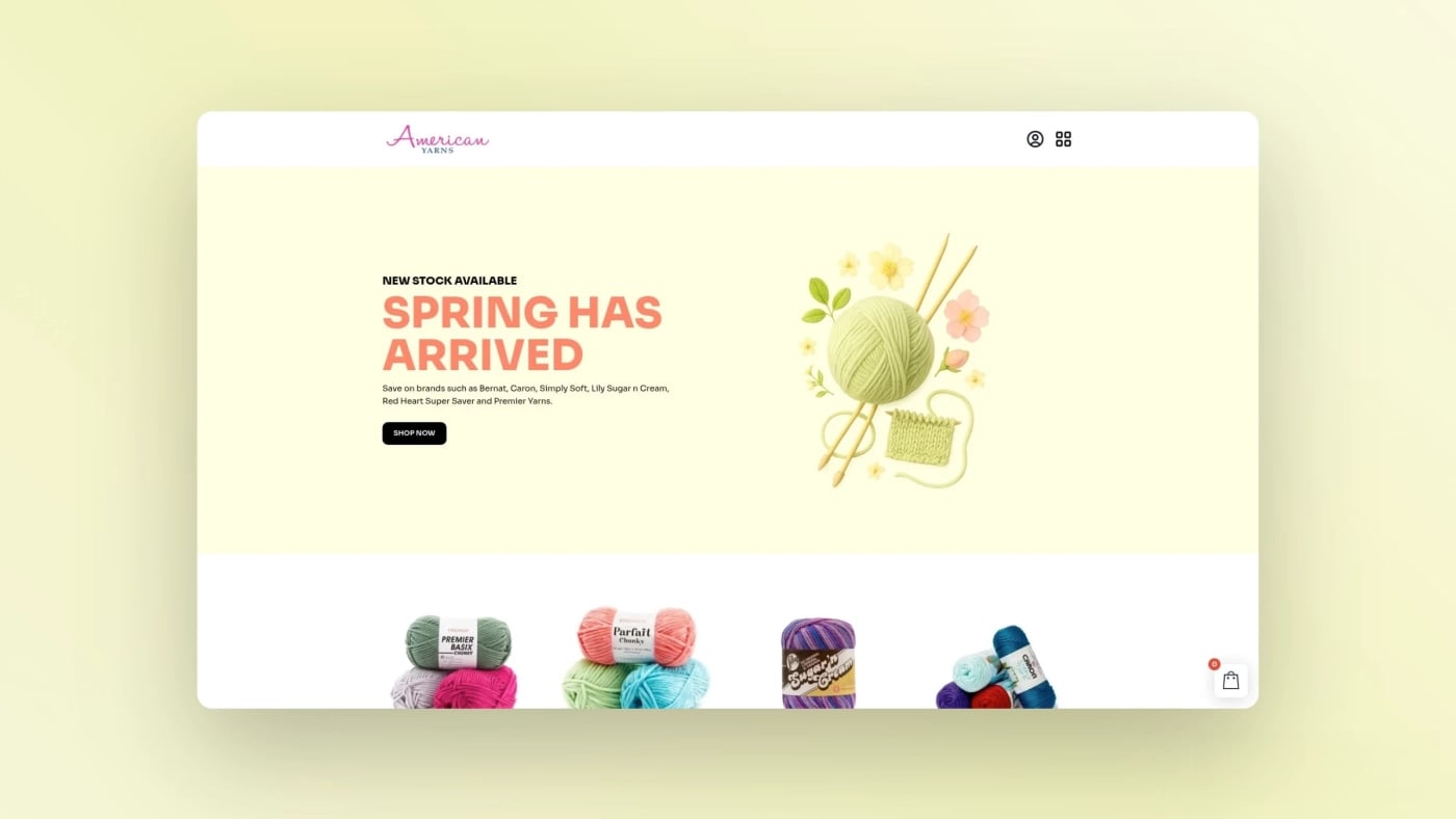 Homepage of American Yarns showcasing new stock announcement “Spring Has Arrived” with featured yarn brands and a clean e-commerce layout.
