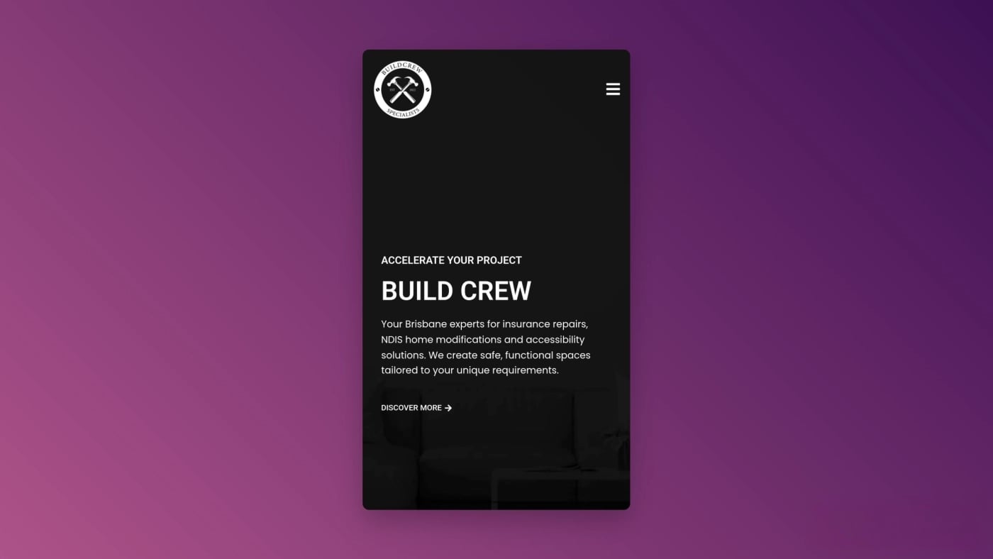 Mobile view of Build Crew’s new website featuring a dark modern interface with white text highlighting Brisbane expertise in insurance repairs and NDIS home modifications.