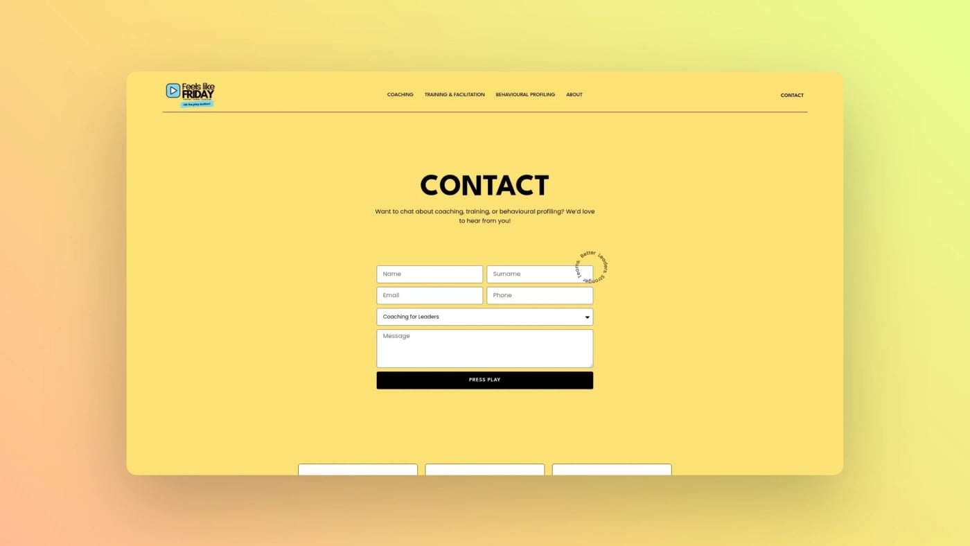Contact page of Feels Like Friday featuring a form for coaching, training, and behavioural profiling enquiries.