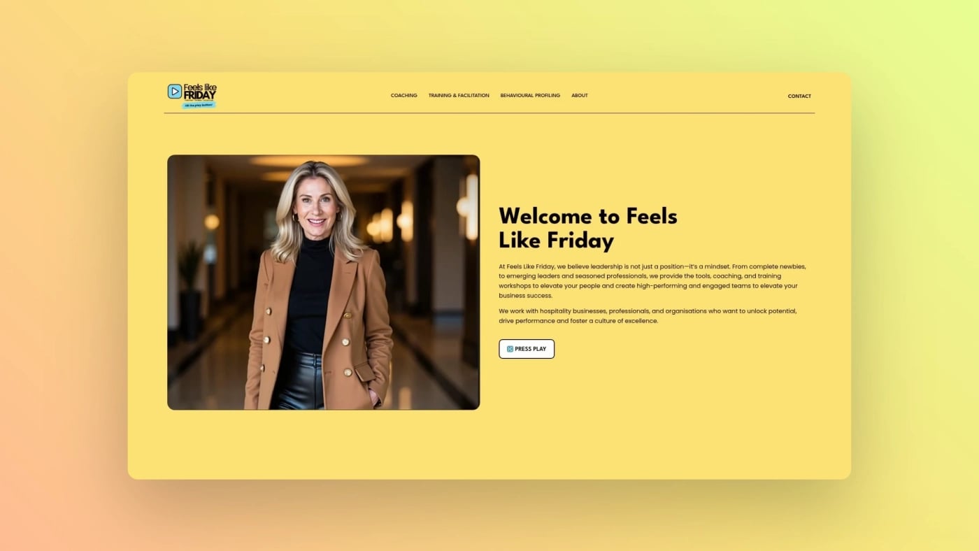 Homepage of Feels Like Friday featuring founder Rene Van Delft with a welcome message and professional coaching introduction.