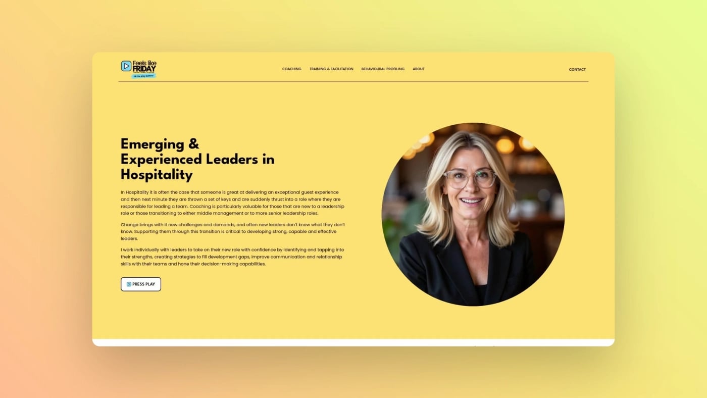 Leadership coaching page of Feels Like Friday displaying Rene Van Delft and details about leadership development in hospitality.