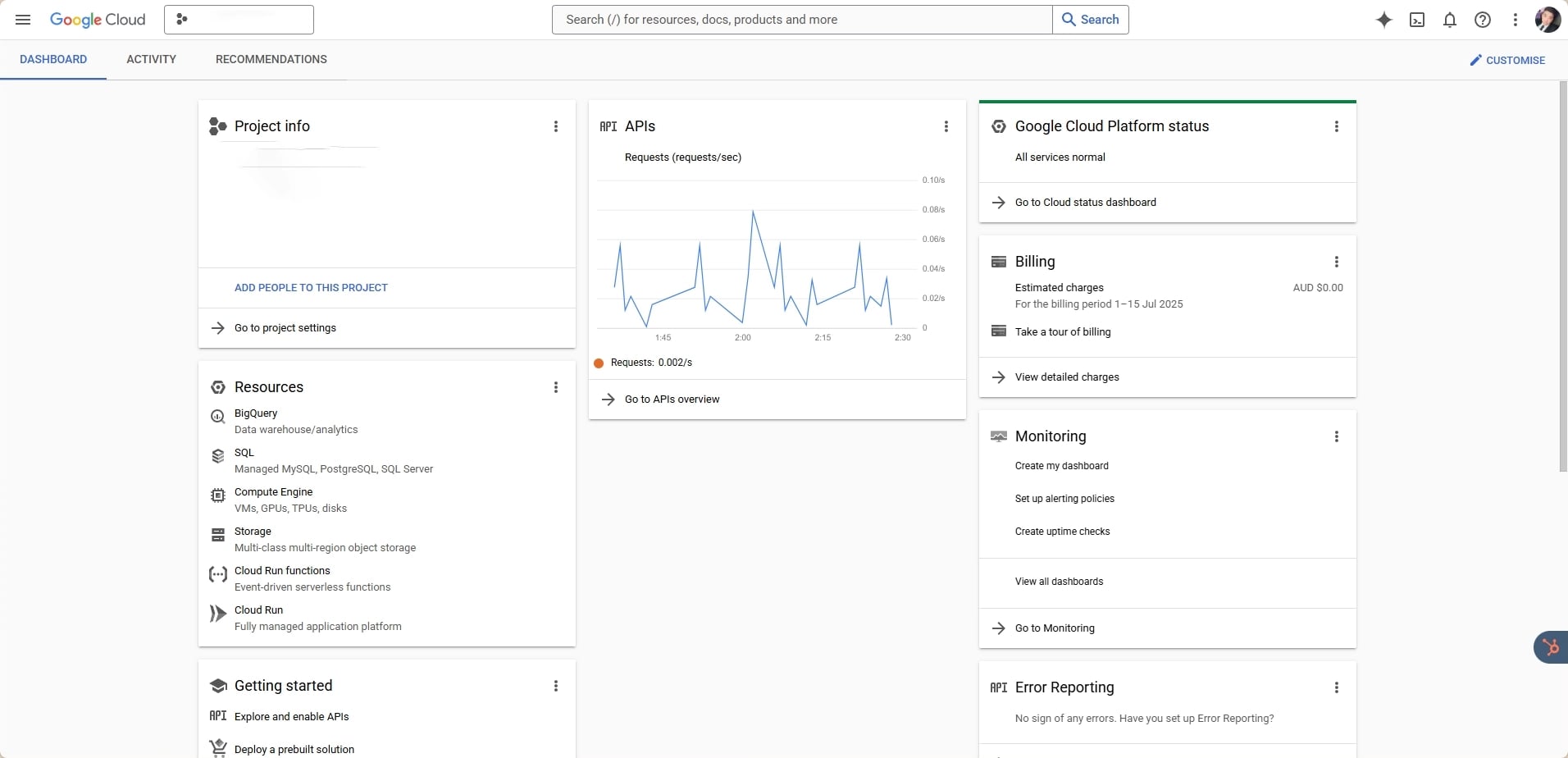 Google Cloud Platform Dashboard overview showing project info, API requests, billing status, and cloud resource monitoring panels.