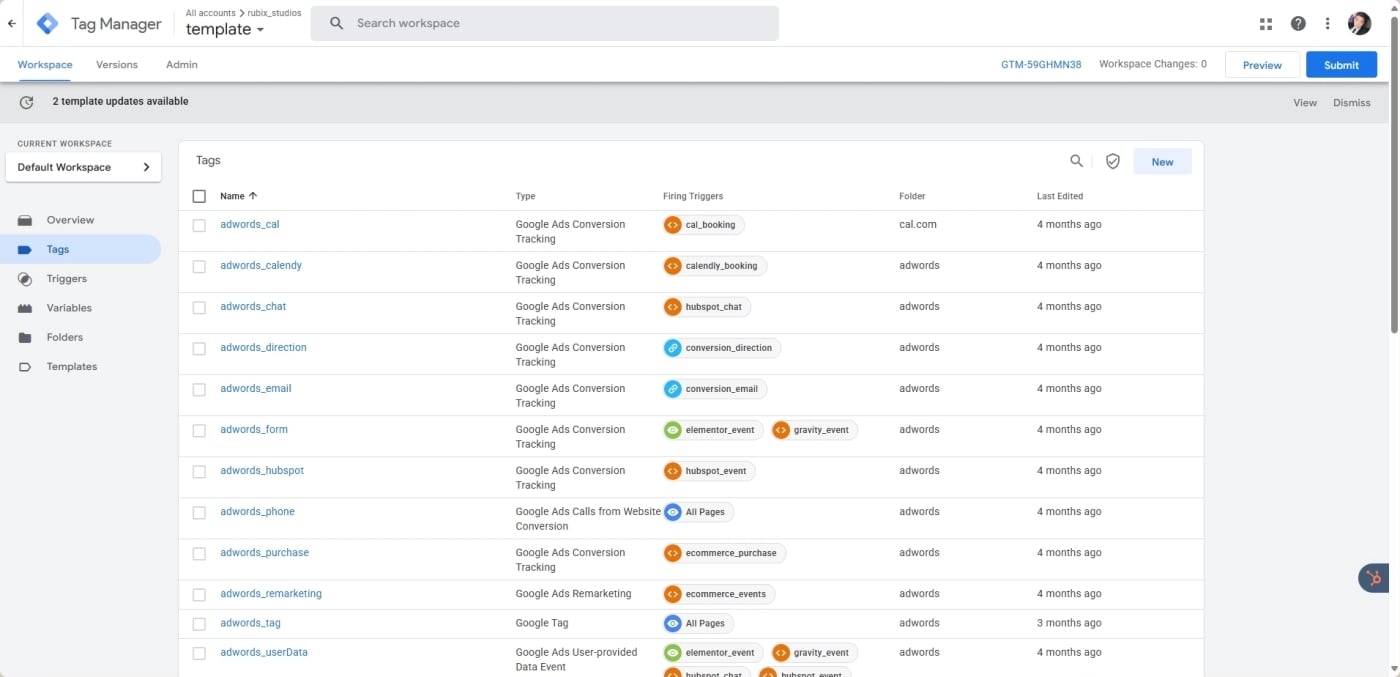 Google Tag Manager Workspace view listing conversion tags, triggers, folders, and recent edits for a marketing account.