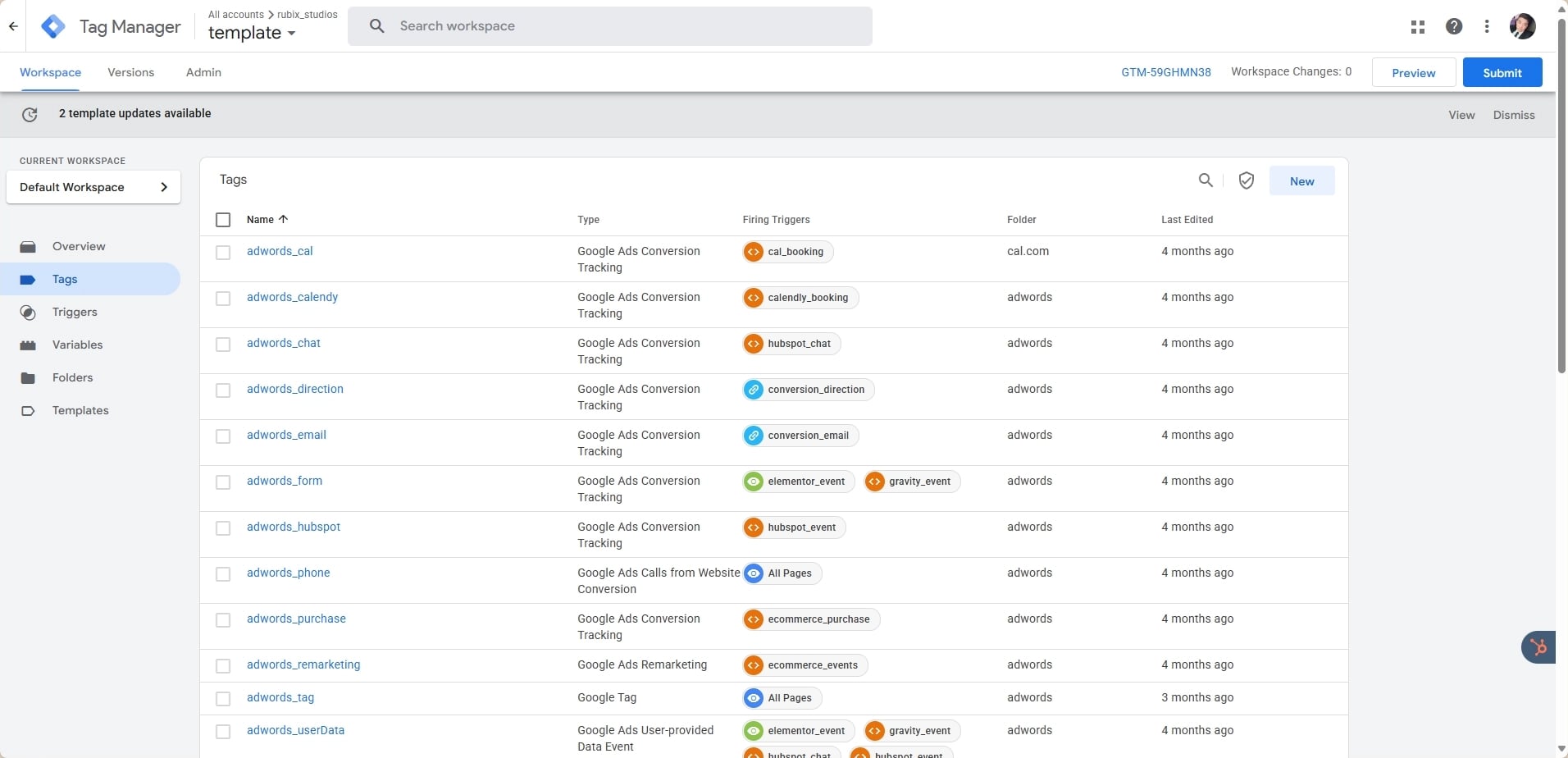 Google Tag Manager Workspace view listing conversion tags, triggers, folders, and recent edits for a marketing account.