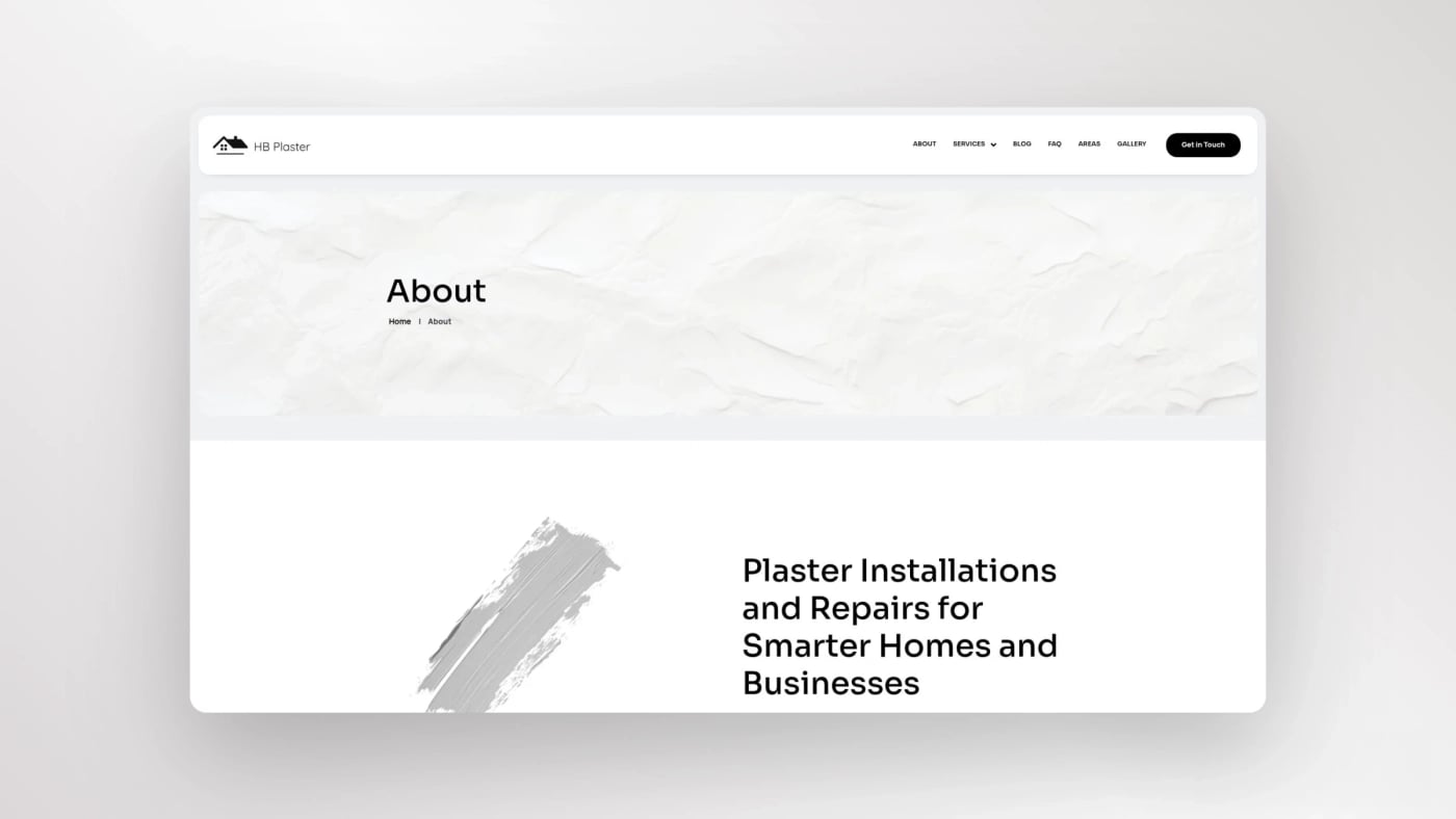 About page of HB Plaster website highlighting company overview, plaster installation expertise, and professional branding.