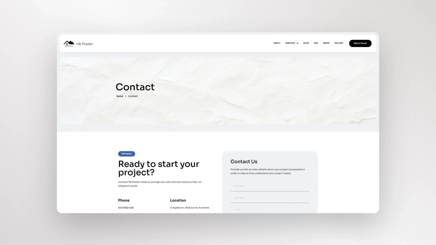 Contact page of HB Plaster website showing project inquiry form, contact details, and Craigieburn, Melbourne location.