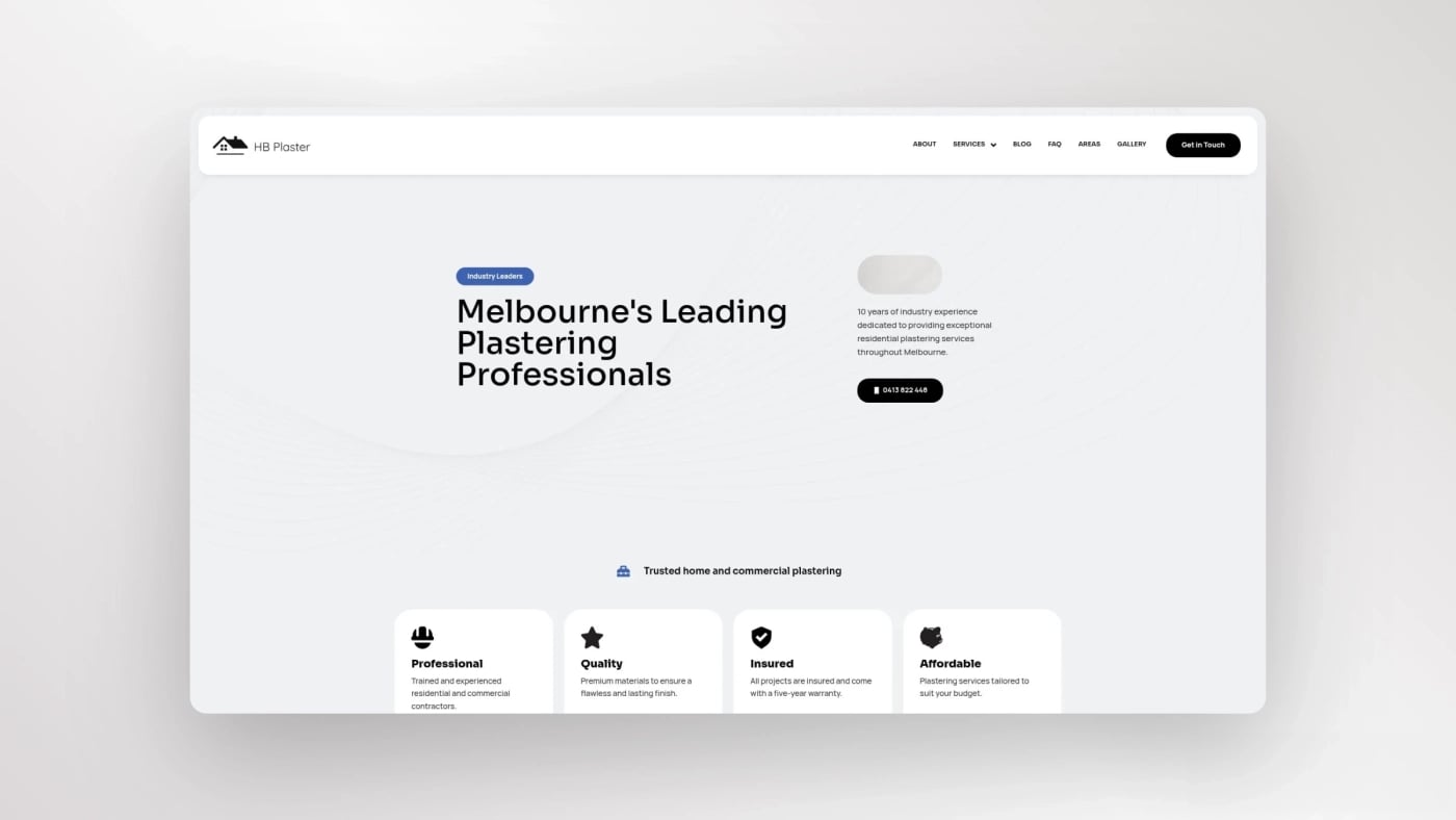 Desktop view of HB Plaster homepage presenting Melbourne’s leading plastering professionals with service highlights and contact details.