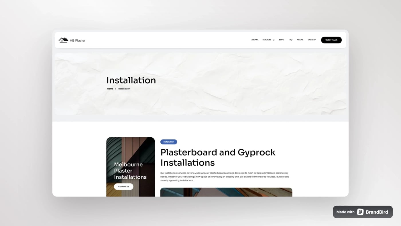 Website page displaying HB Plaster’s plasterboard and Gyprock installation services with clean white background and modern layout.