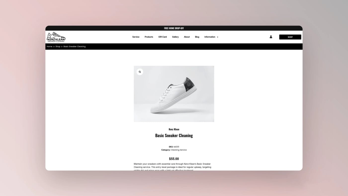 Kenz Klean basic sneaker cleaning service page showing entry level professional cleaning option.