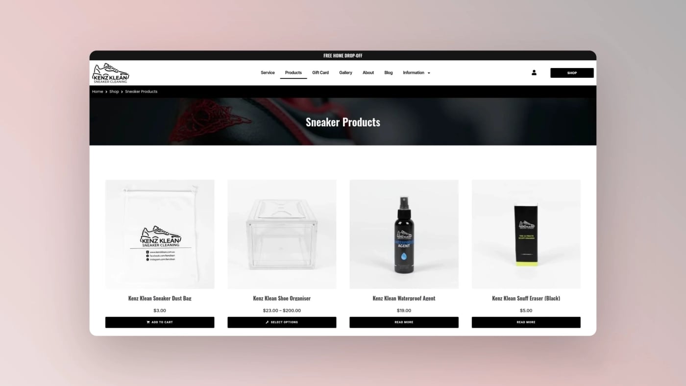 Kenz Klean cleaning services page displaying basic premium and luxury sneaker cleaning options.