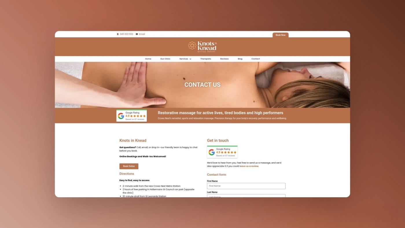 Screenshot of the Knots in Knead contact page featuring booking options, clinic details, and a professional massage image.