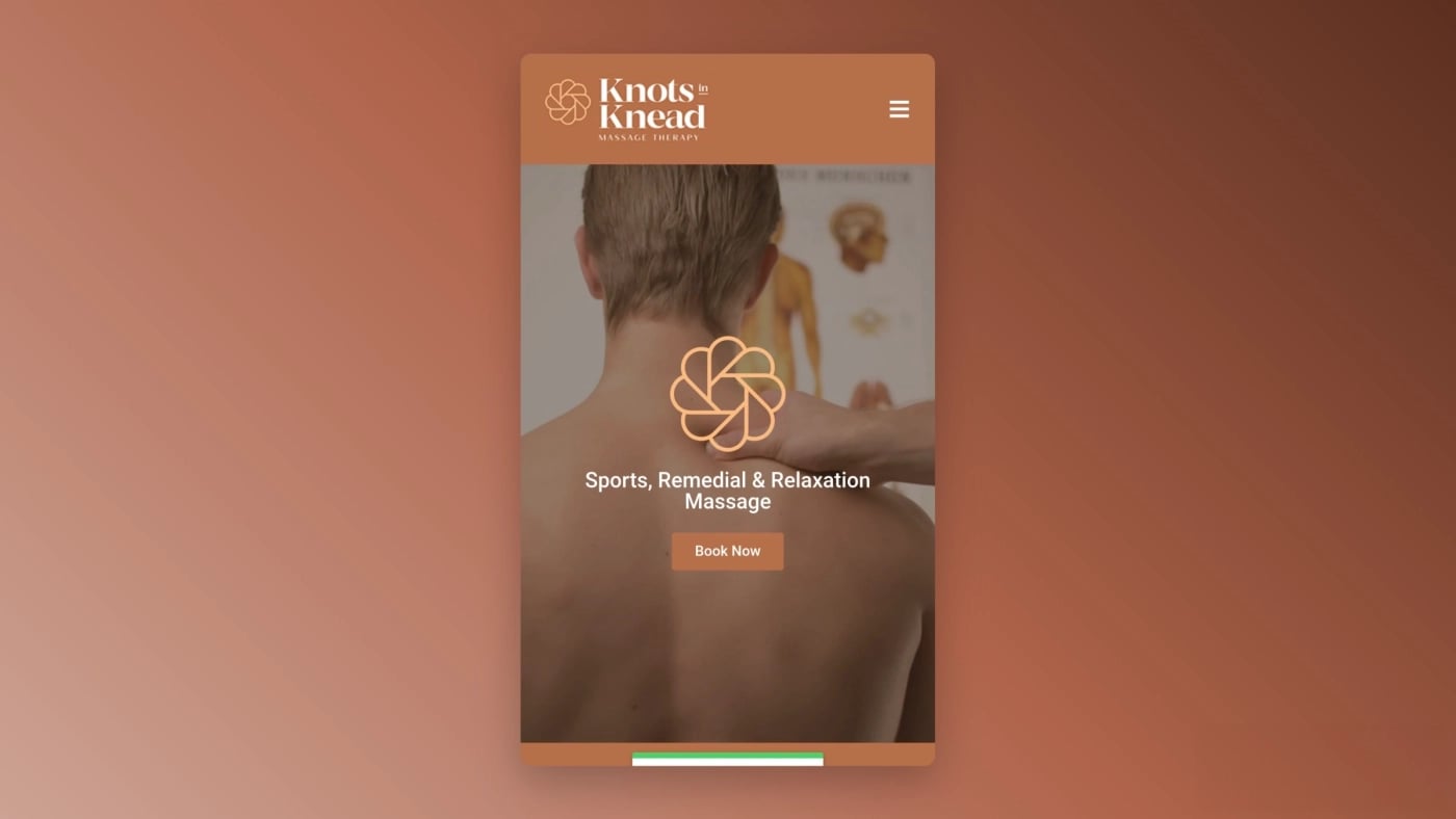 Mobile screenshot of the Knots in Knead homepage showing the brand logo, massage hero image, and Book Now button.