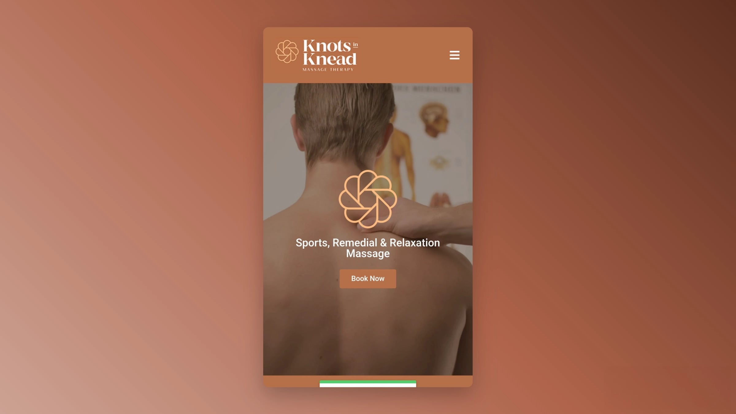 Mobile screenshot of the Knots in Knead homepage showing the brand logo, massage hero image, and Book Now button.