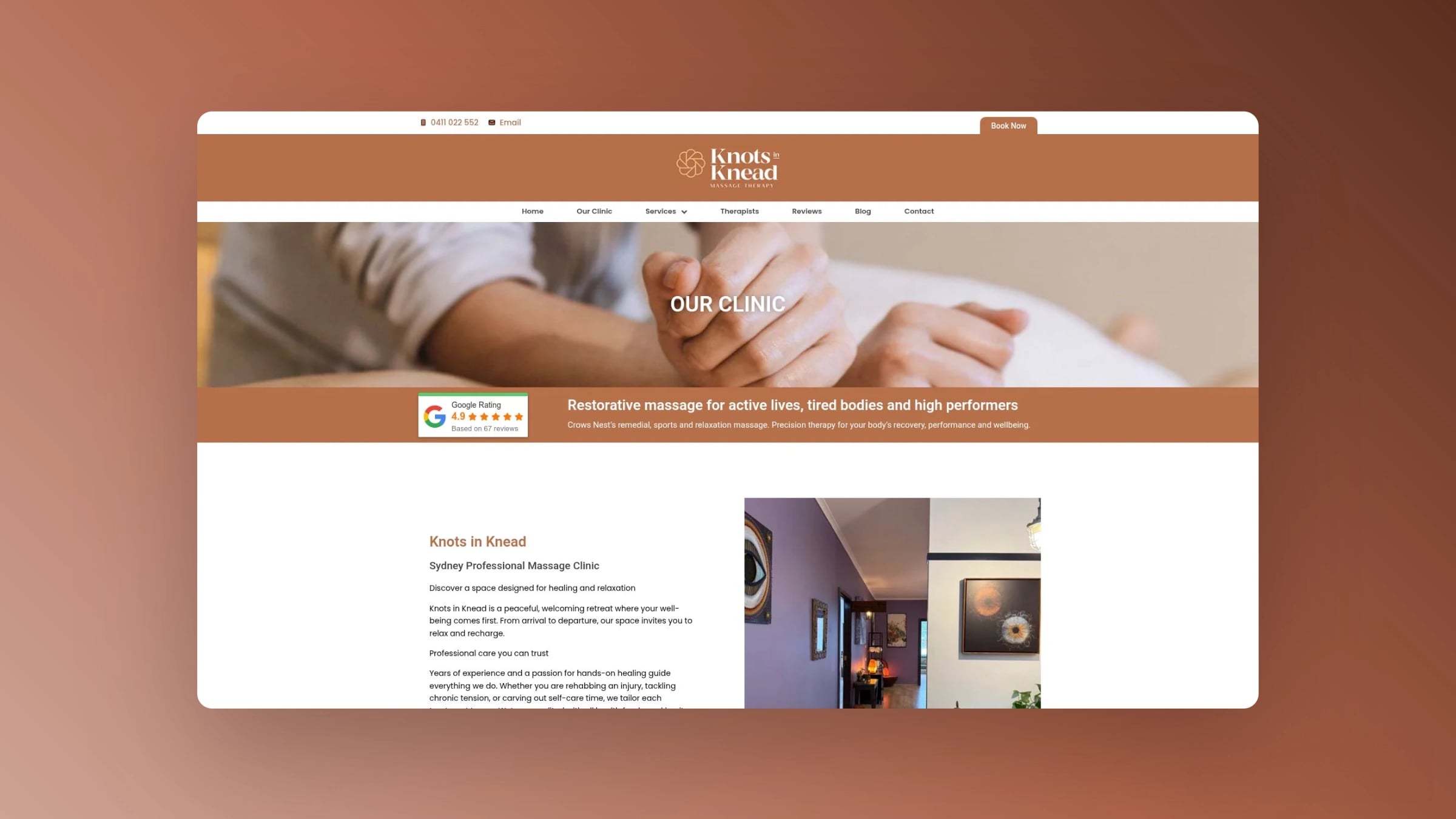 Screenshot of the Knots in Knead clinic introduction page with interior images and client-focused service content.