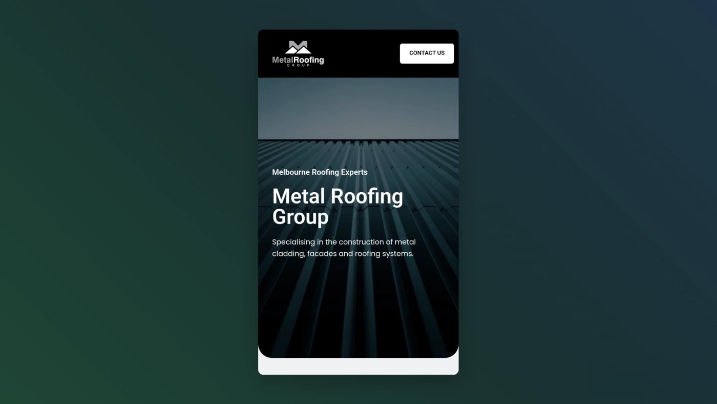 Mobile view of the Metal Roofing Group website showing the company logo and hero section featuring dark metal cladding background.