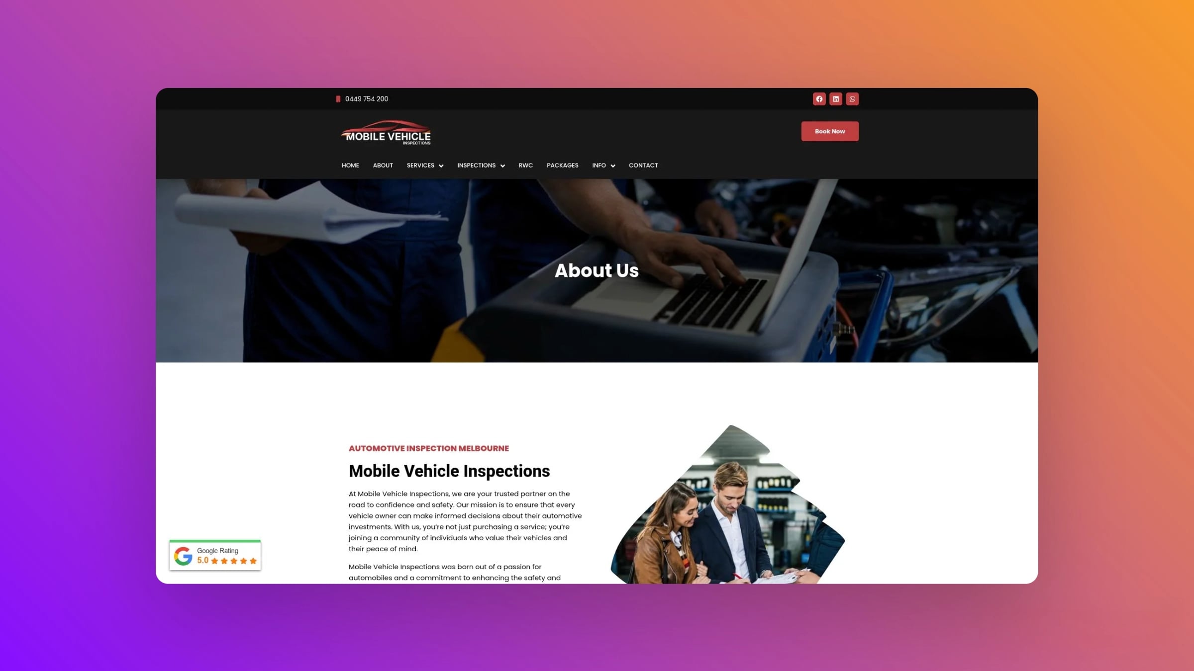 Desktop view of the Mobile Vehicle Inspection About page outlining company background, mission, and automotive expertise.