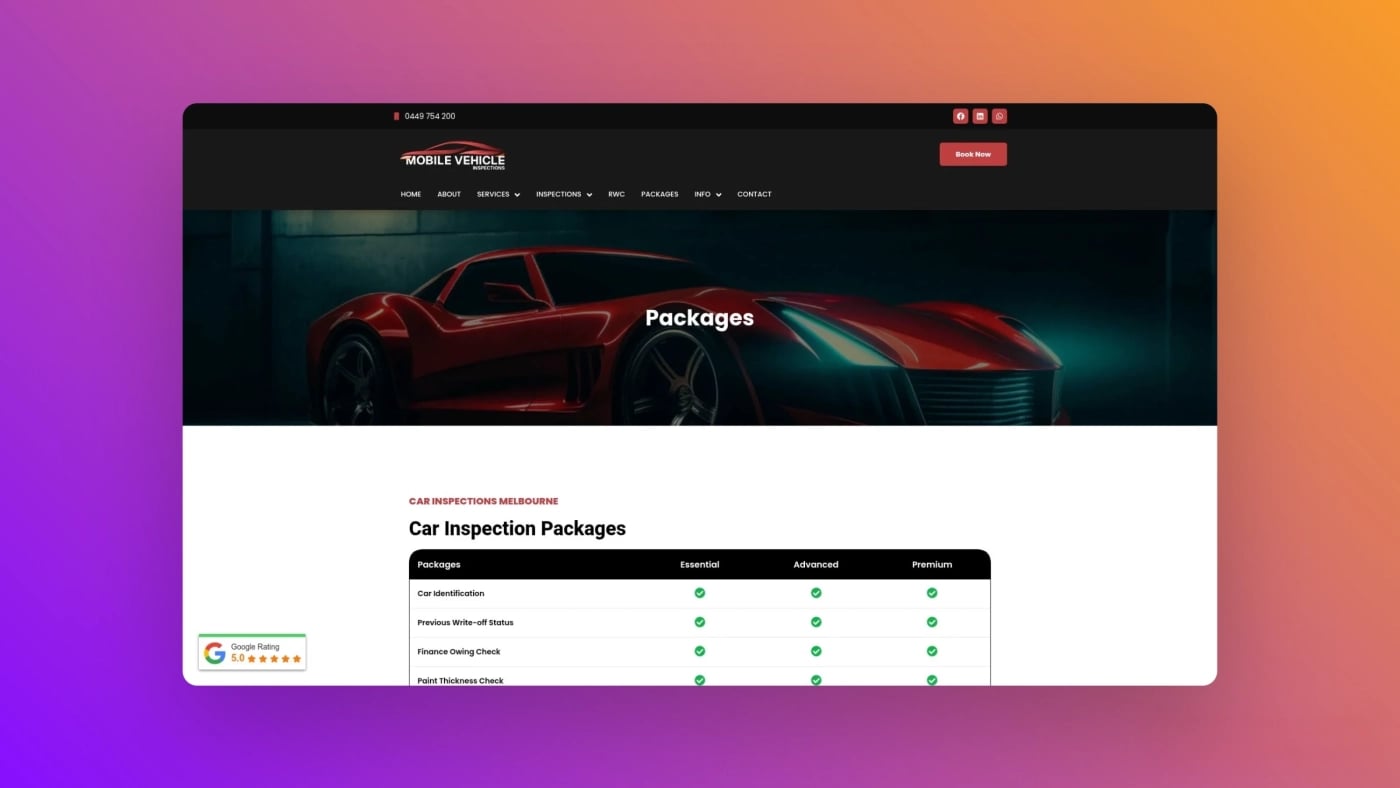 Desktop view of the Mobile Vehicle Inspection packages page displaying car inspection tiers and Google review rating.
