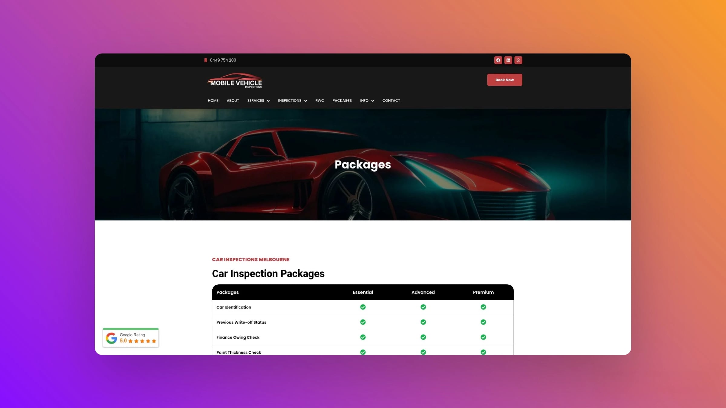 Desktop view of the Mobile Vehicle Inspection packages page displaying car inspection tiers and Google review rating.