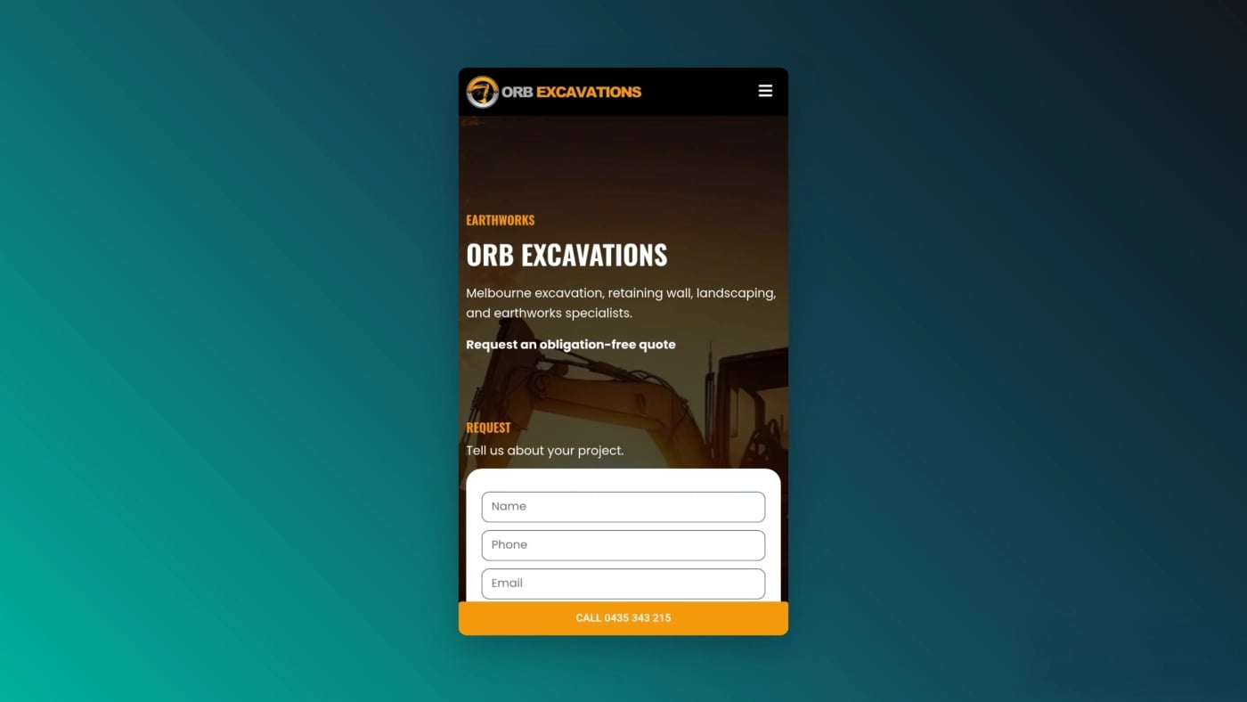 Orb Excavation main mobile screenshot of the homepage.
