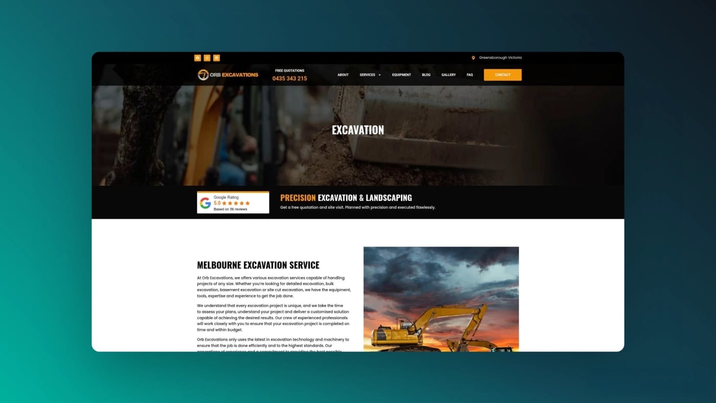 Orb Excavations service page screenshot.