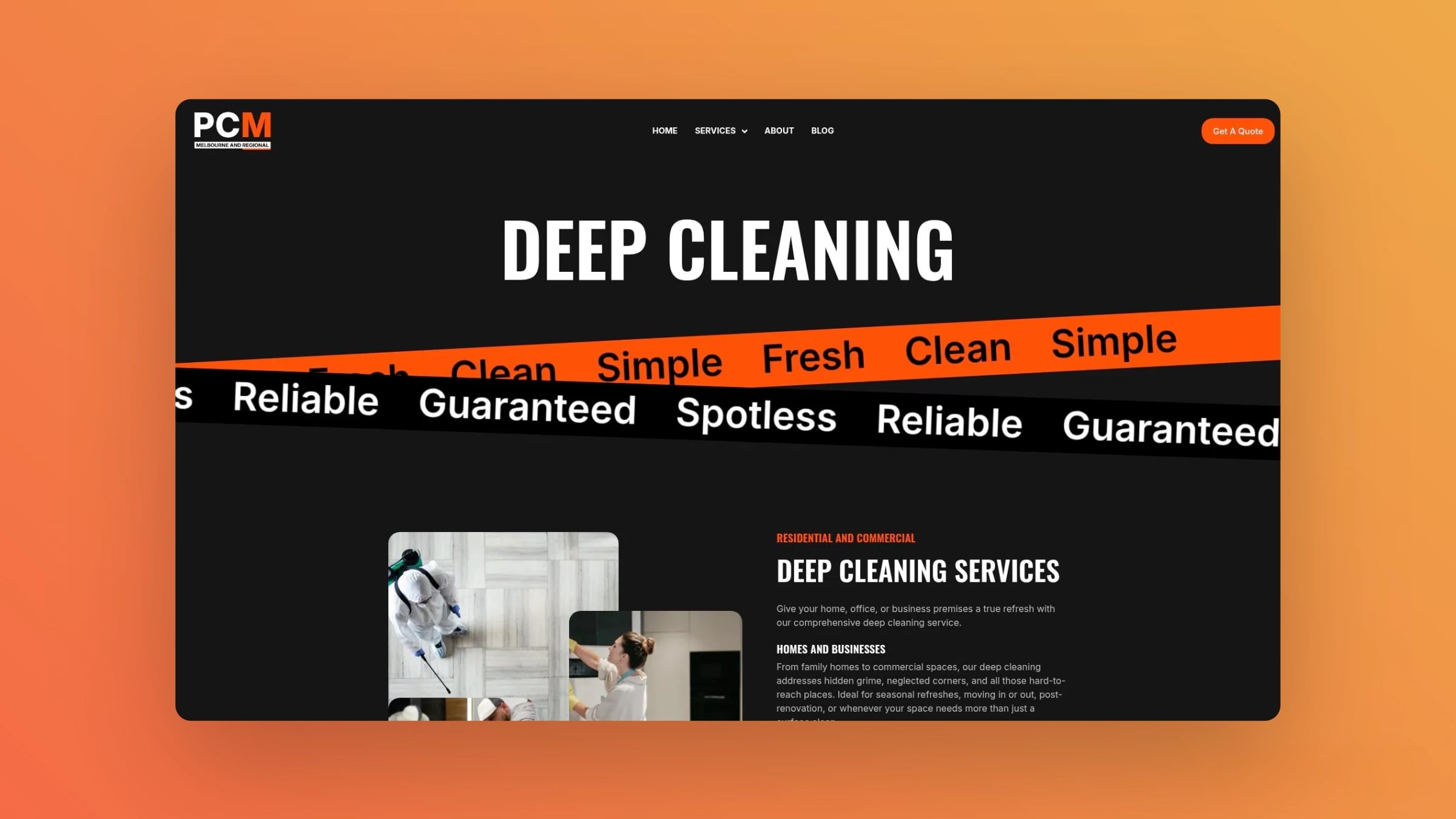 Screenshot of the PCM & Regional Deep Cleaning page featuring a black and orange theme with bold typography and service imagery, highlighting residential and commercial deep cleaning solutions.