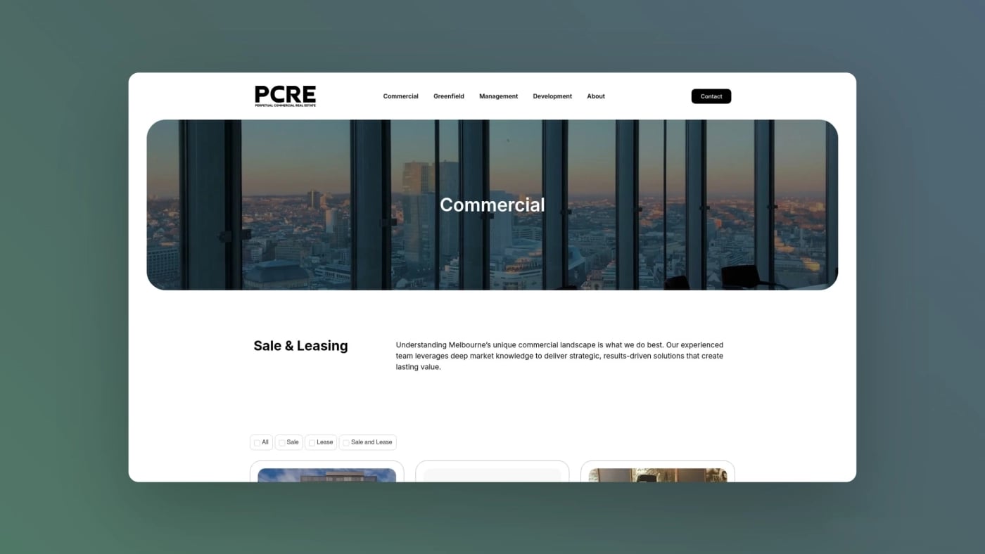 PCRE commercial page highlighting sale and leasing services with cityscape background seen through modern office windows.