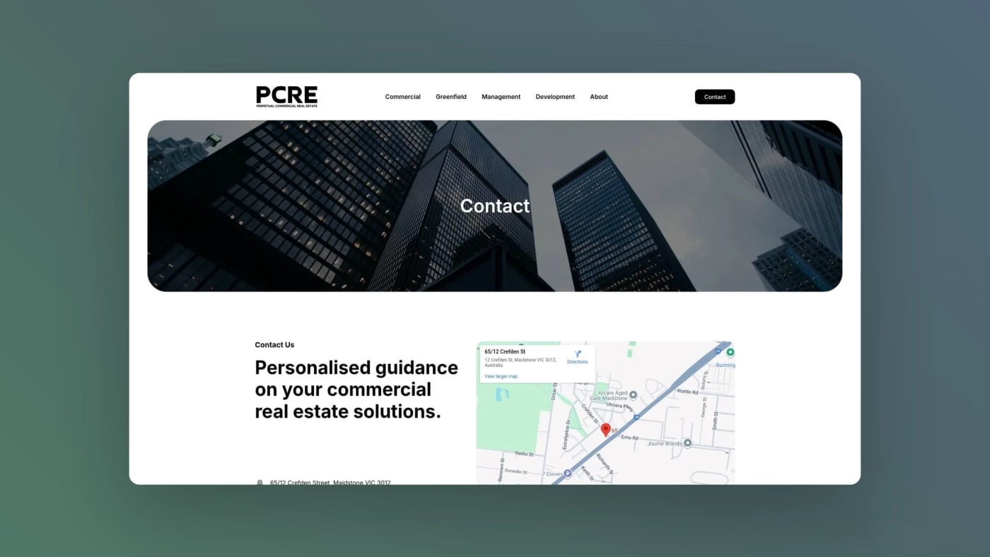 PCRE contact page with skyscraper background and embedded map.