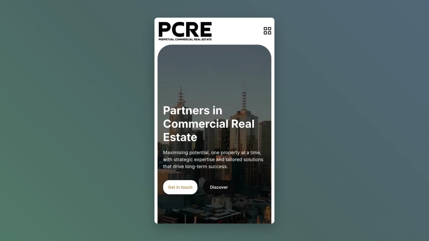 Mobile view of PCRE website showing city skyline background.