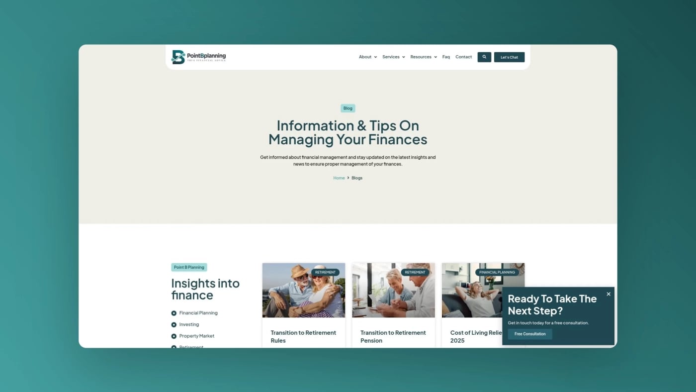 Blog and resources section displaying financial insights, retirement guides, and planning articles.