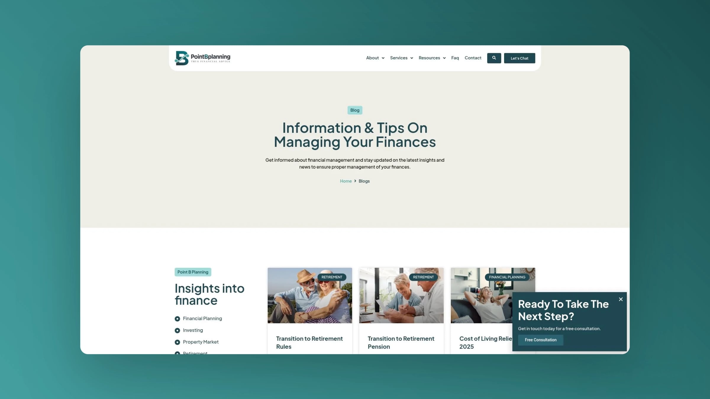 Blog and resources section displaying financial insights, retirement guides, and planning articles.