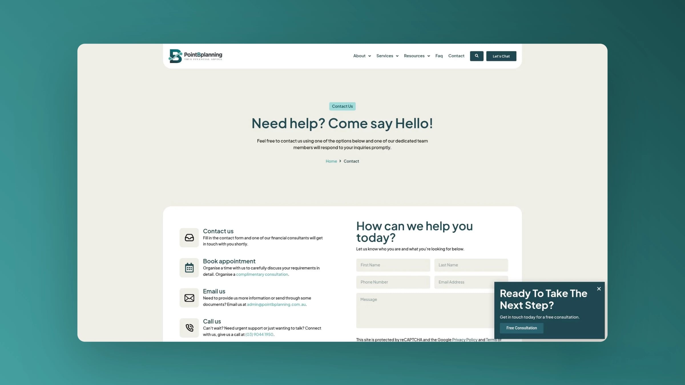 Point B Planning website contact page showing multiple contact options and consultation form.