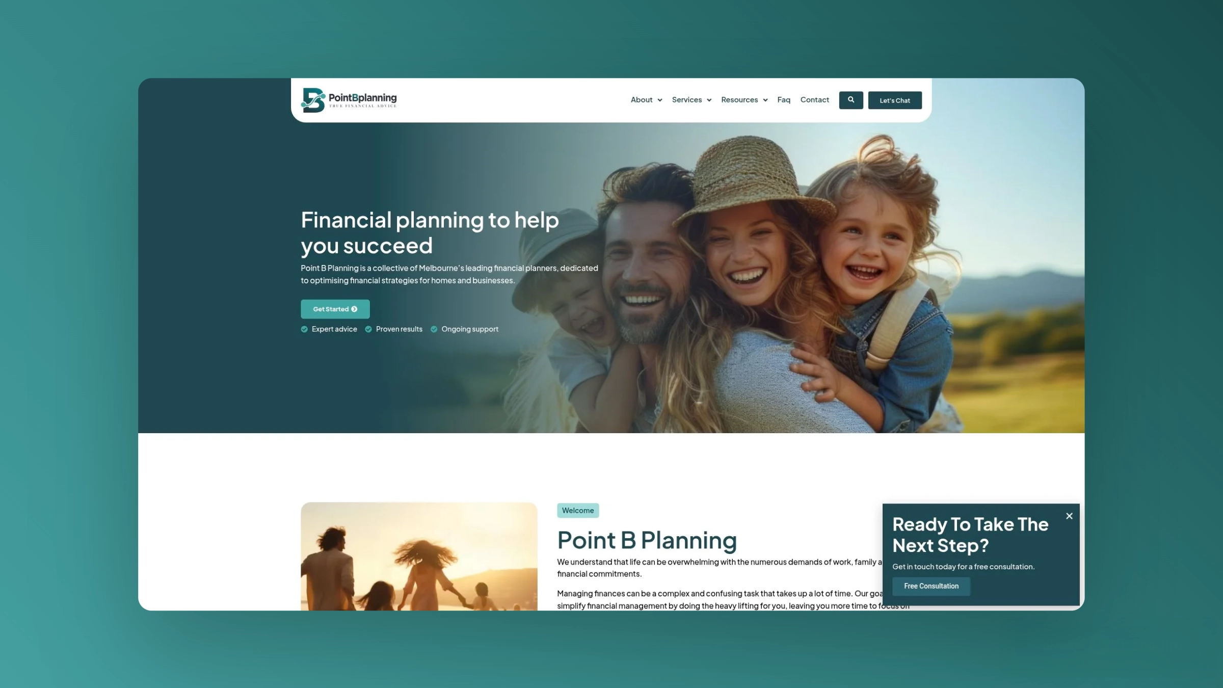 Point B Planning homepage showcasing hero banner, service overview, and client call-to-action.