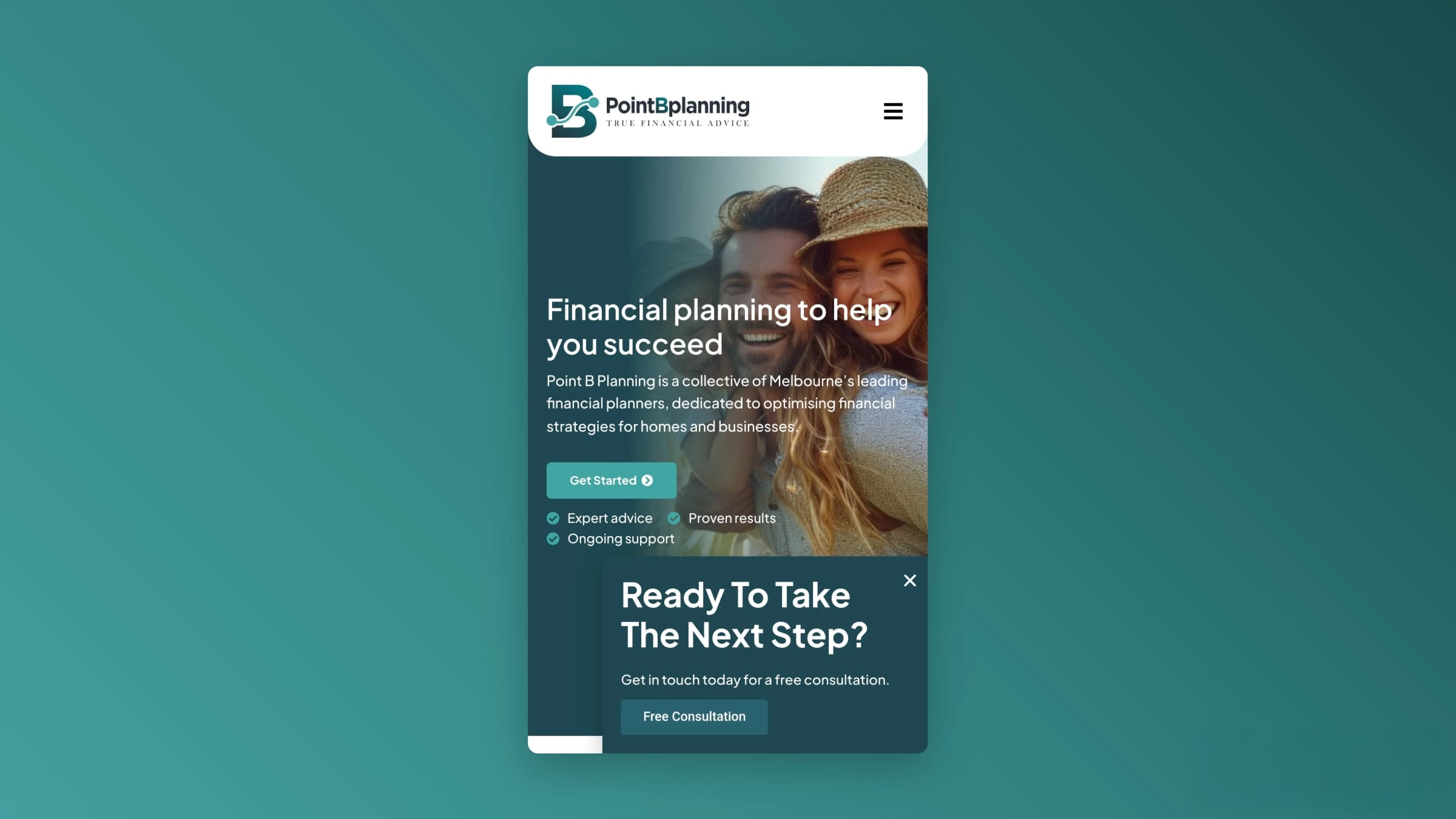 Mobile view of Point B Planning homepage highlighting financial planning services and consultation call-to-action.