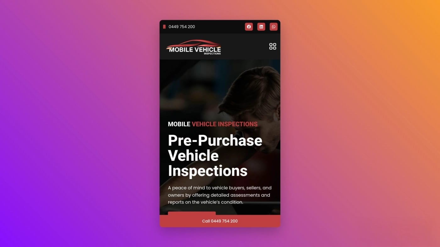 Mobile view of the Mobile Vehicle Inspection website showing pre-purchase vehicle inspection service and contact button.