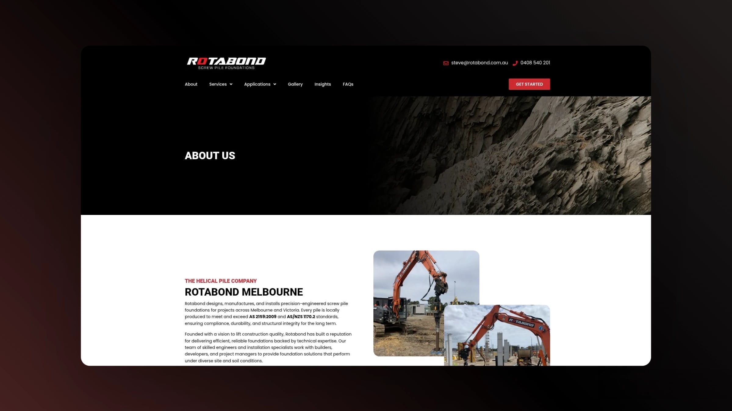 Rotabond about us page showing detailed company background and images of excavators installing screw piles at a construction site in Melbourne.