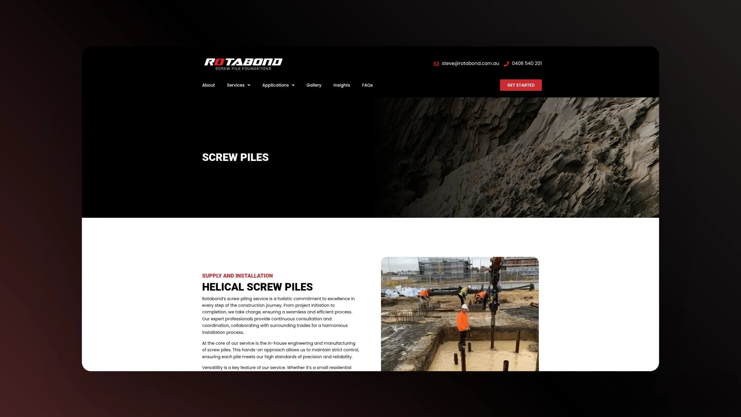 Rotabond service page showing on-site installation of steel screw piles by workers at a commercial construction site.