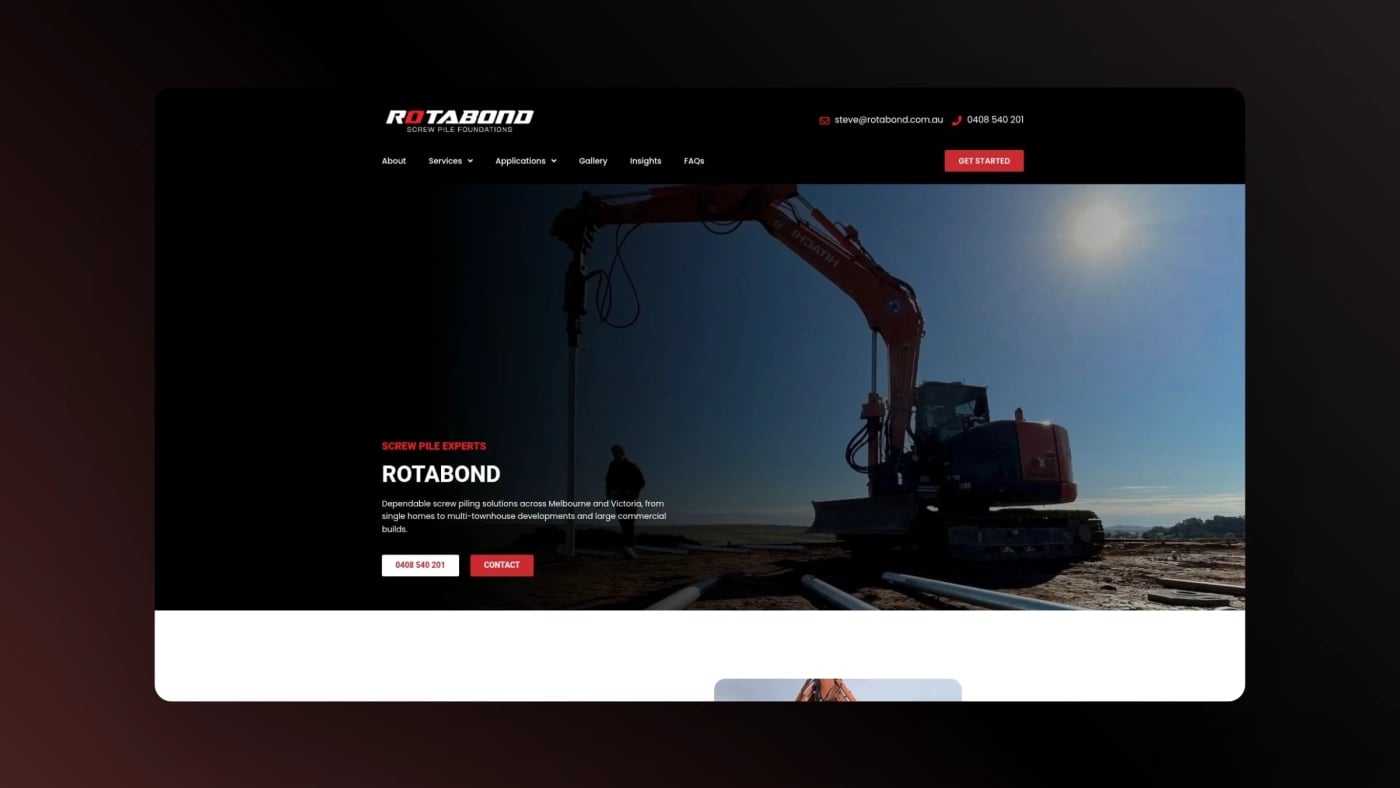 Desktop view of Rotabond homepage with excavator operating on a construction site under sunlight, promoting screw pile foundations.