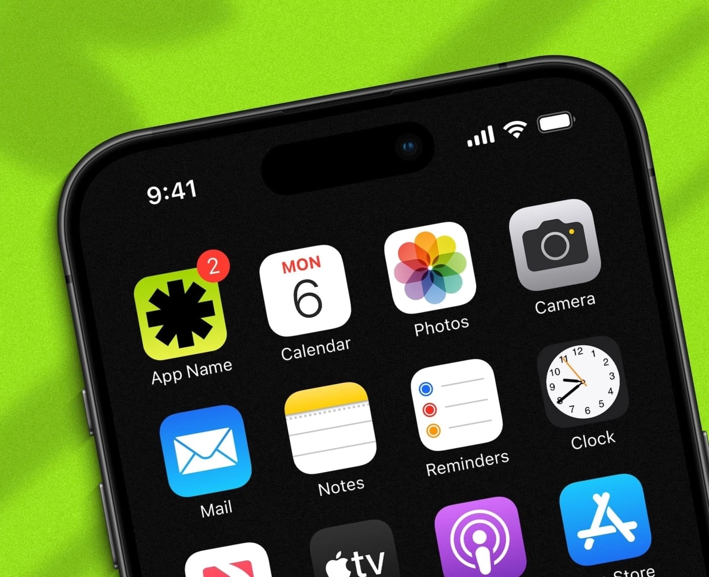 Close-up of a smartphone showing home screen app icons including Calendar, Photos, Camera, Mail, Notes, Reminders, and a custom app with a notification badge, against a green background.