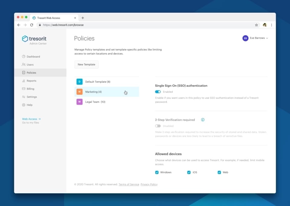 Tresorit admin center policies page with authentication and device restrictions.